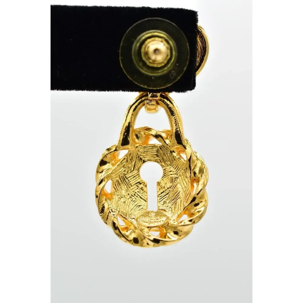 Givenchy Vintage Heart Lock Earrings Gold Tone Dangle Chunky Signed 1980s BinBK